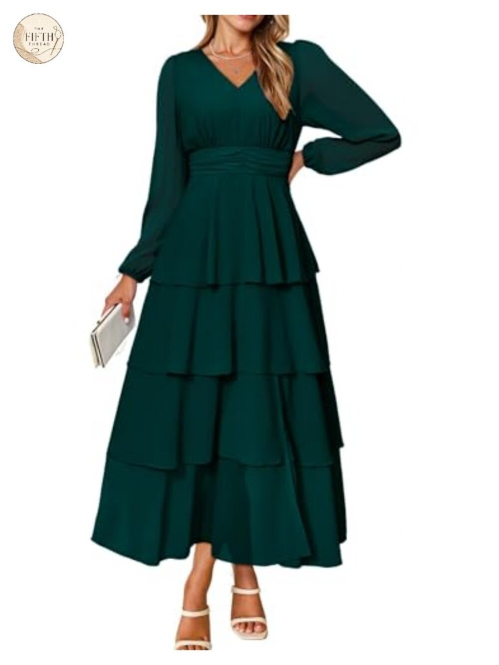 Flowy Chiffon Maxi Dress Long Sleeve V Neck Ruffle Tiered Boho